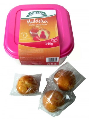 Tupper de 8 Madeleines fourres saveur fraise emballes individuellement - 340g